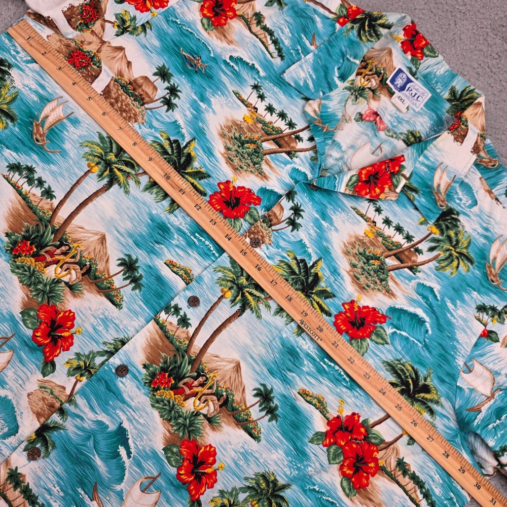 RJC Hawaiian Shirt Mens 4XL Blue Vintage Made in USA Cotton Tropical Scenic Tiki - Picture 4 of 12